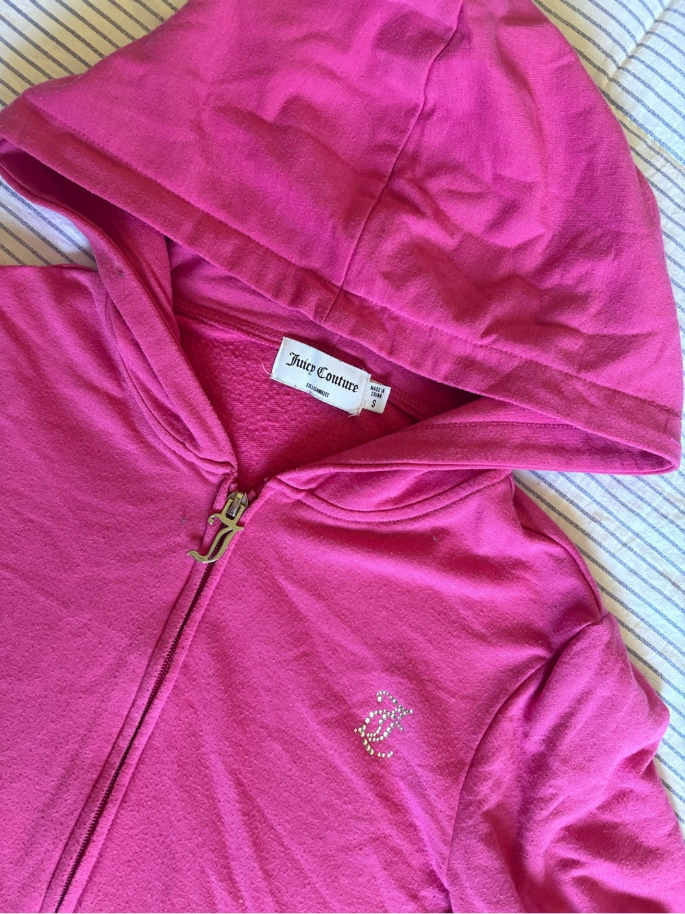 Juicy Couture Girls Bright Pink Rhinestone Logo Hooded Zip Sweatshirt